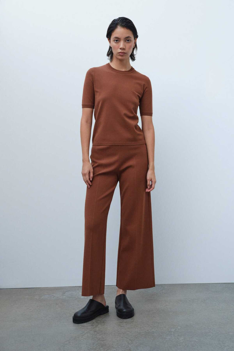 Short-Sleeved Slim Fit Brown Knit Women's Sweater