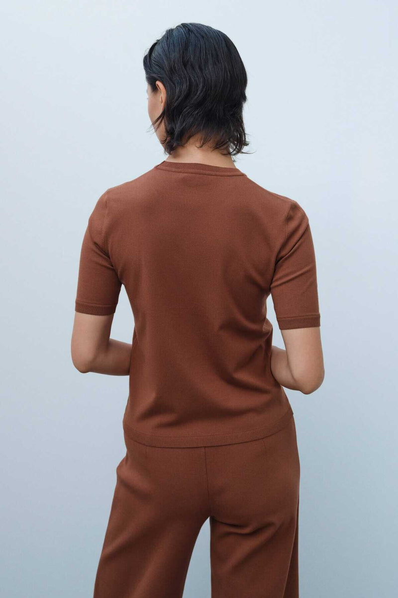 Short-Sleeved Slim Fit Brown Knit Women's Sweater