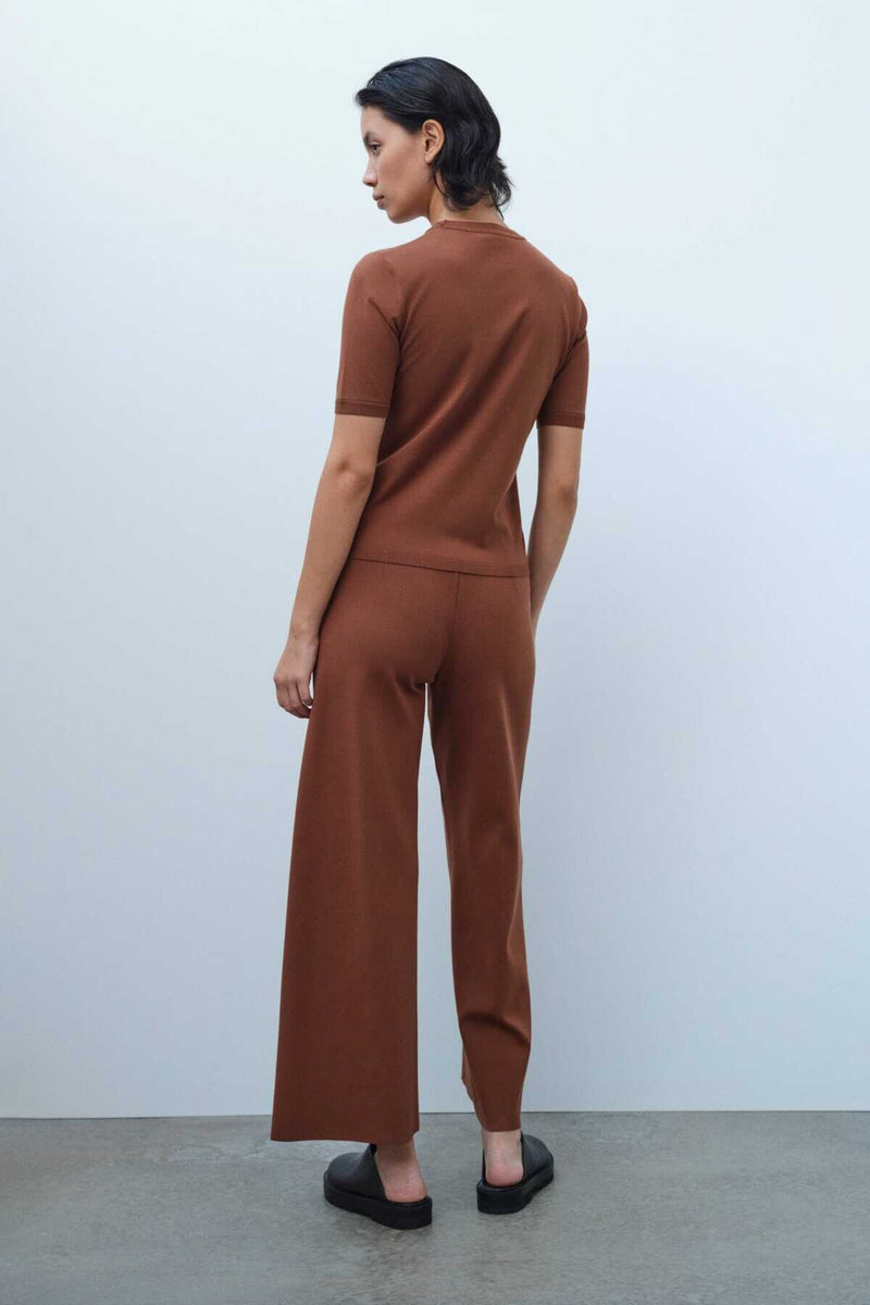 Short-Sleeved Slim Fit Brown Knit Women's Sweater