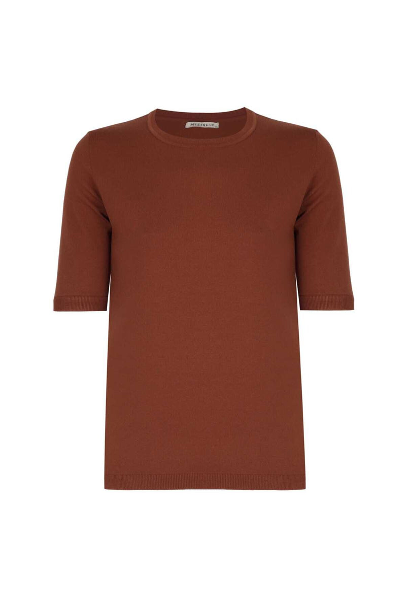Short-Sleeved Slim Fit Brown Knit Women's Sweater
