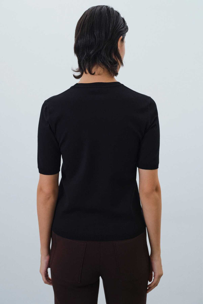 Short-Sleeved Slim Fit Black Knit Women's Sweater
