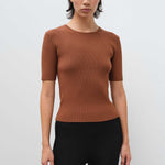 Short-Sleeved Brown Knit Women's Sweater