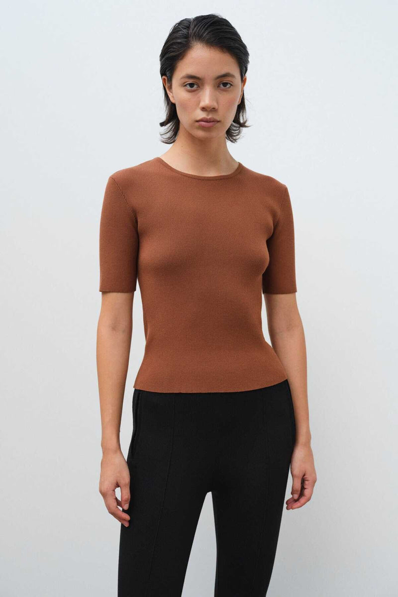 Short-Sleeved Brown Knit Women's Sweater