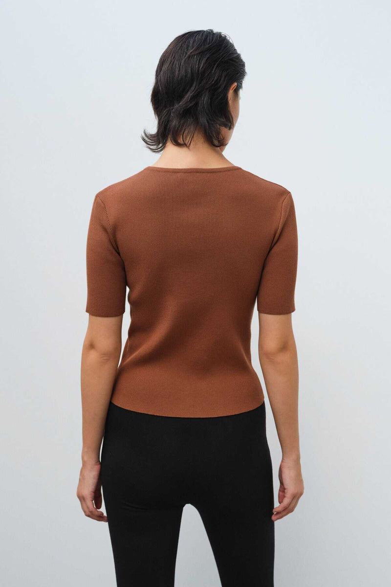 Short-Sleeved Brown Knit Women's Sweater