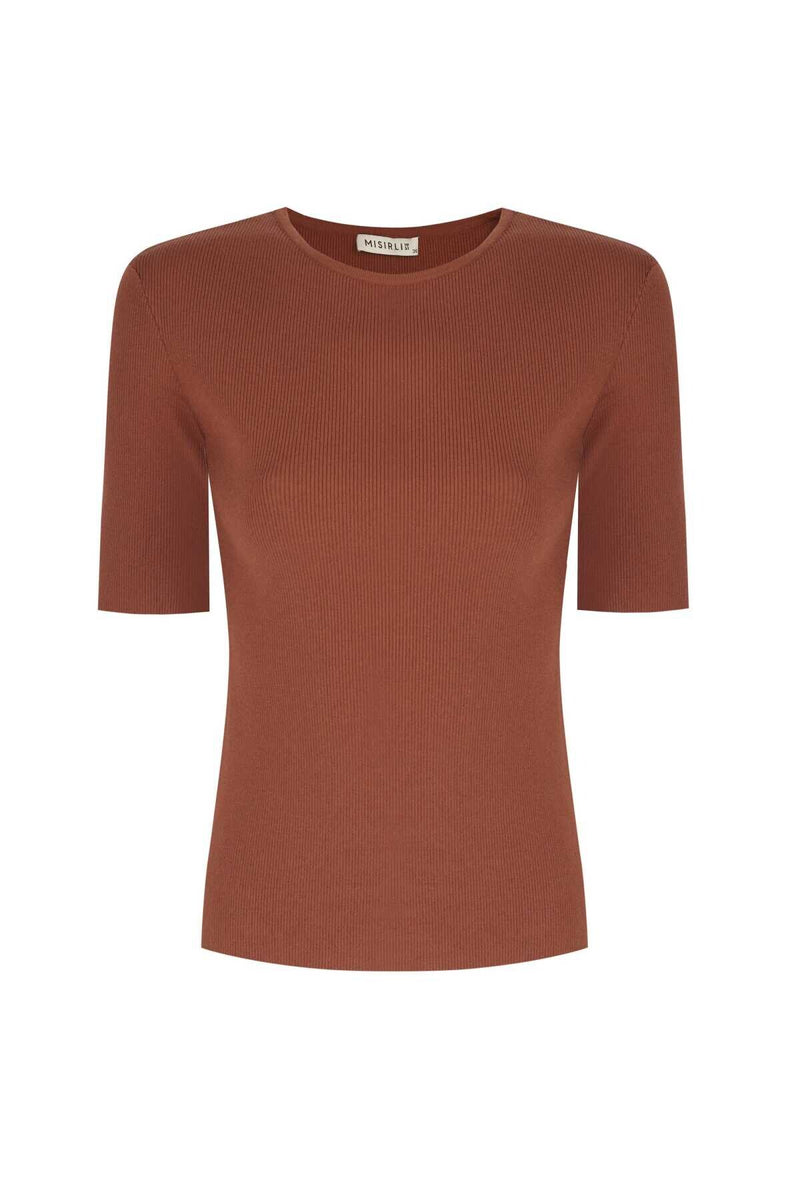 Short-Sleeved Brown Knit Women's Sweater