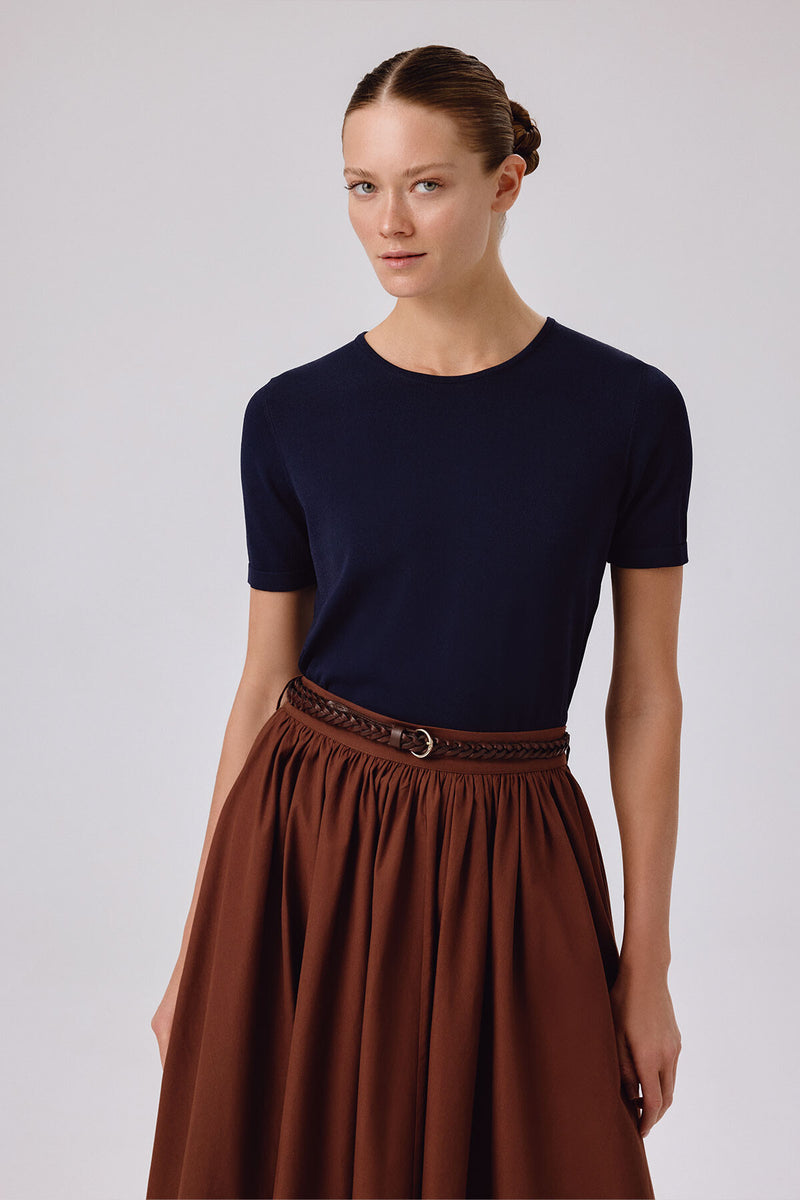 Navy Blue Short Sleeve Women's Sweater with a Bike Neck