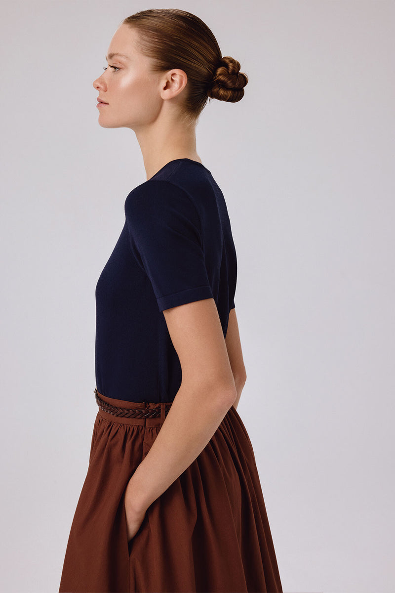 Navy Blue Short Sleeve Women's Sweater with a Bike Neck