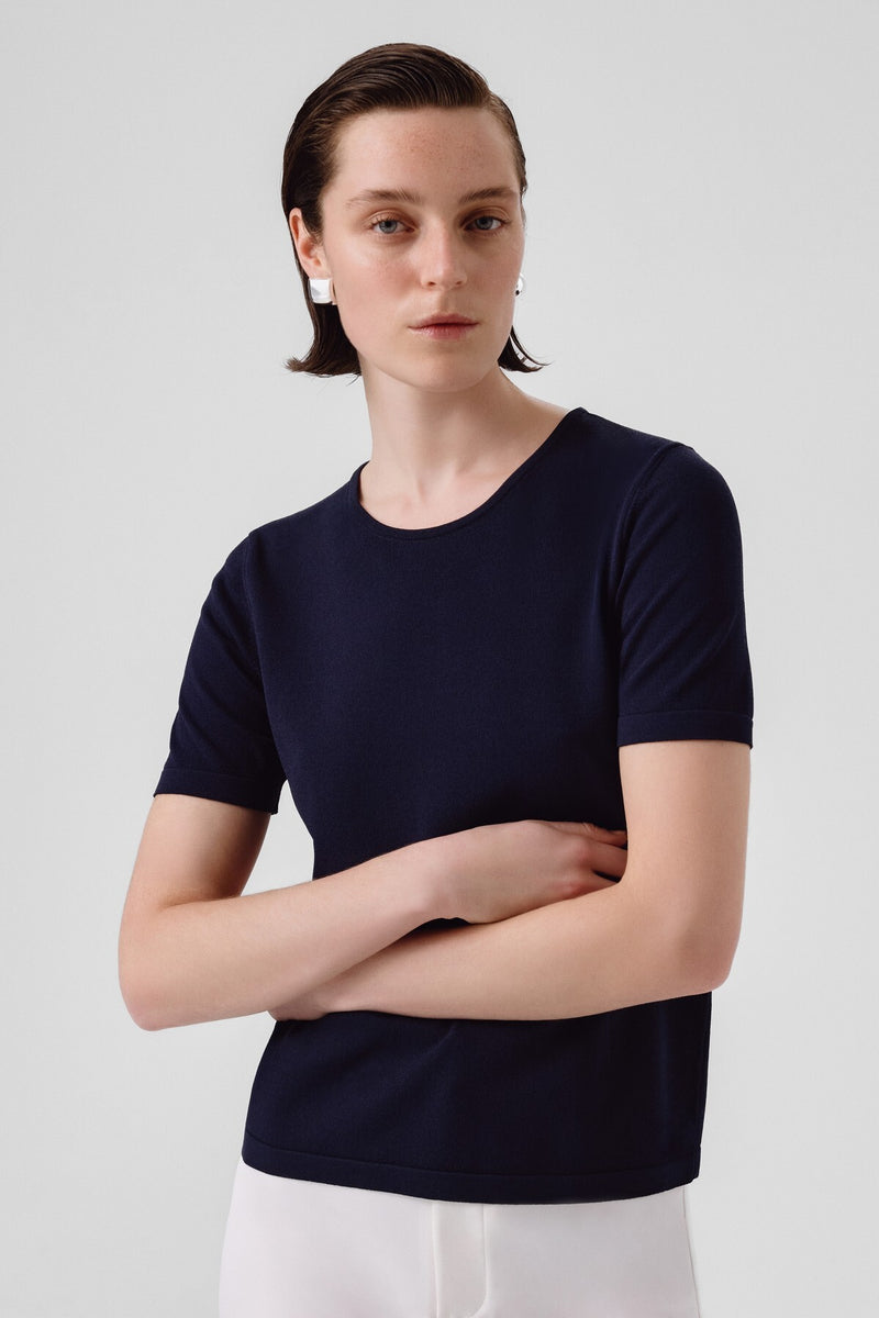 Navy Blue Crew Neck Short Sleeve Women's T-Shirt