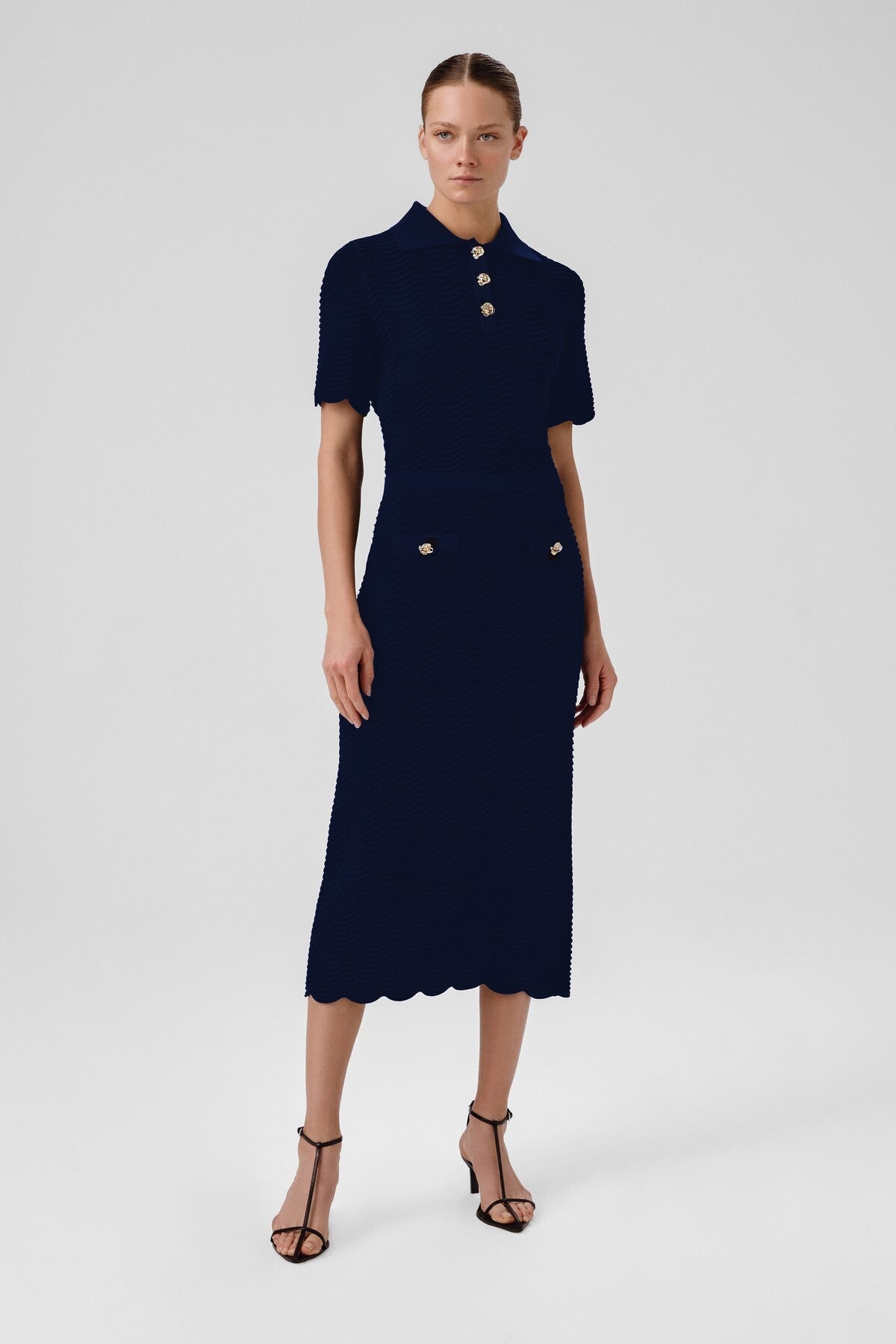 Navy Blue Wavy Pattern Buttoned Midi Skirt