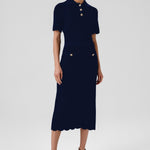 Navy Blue Wavy Pattern Buttoned Midi Skirt