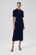 Navy Blue Wavy Pattern Buttoned Midi Skirt
