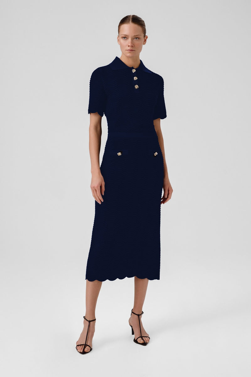 Navy Blue Wavy Pattern Buttoned Midi Skirt