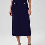 Navy Blue Wavy Pattern Buttoned Midi Skirt