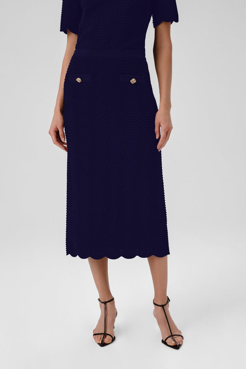Navy Blue Wavy Pattern Buttoned Midi Skirt