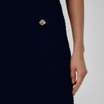 Navy Blue Wavy Pattern Buttoned Midi Skirt