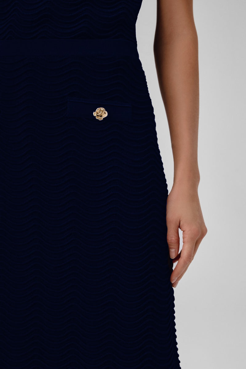 Navy Blue Wavy Pattern Buttoned Midi Skirt