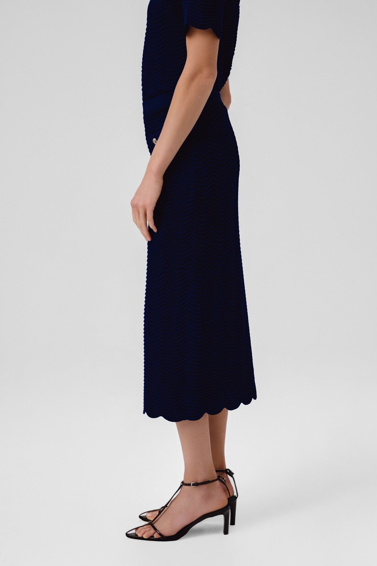 Navy Blue Wavy Pattern Buttoned Midi Skirt