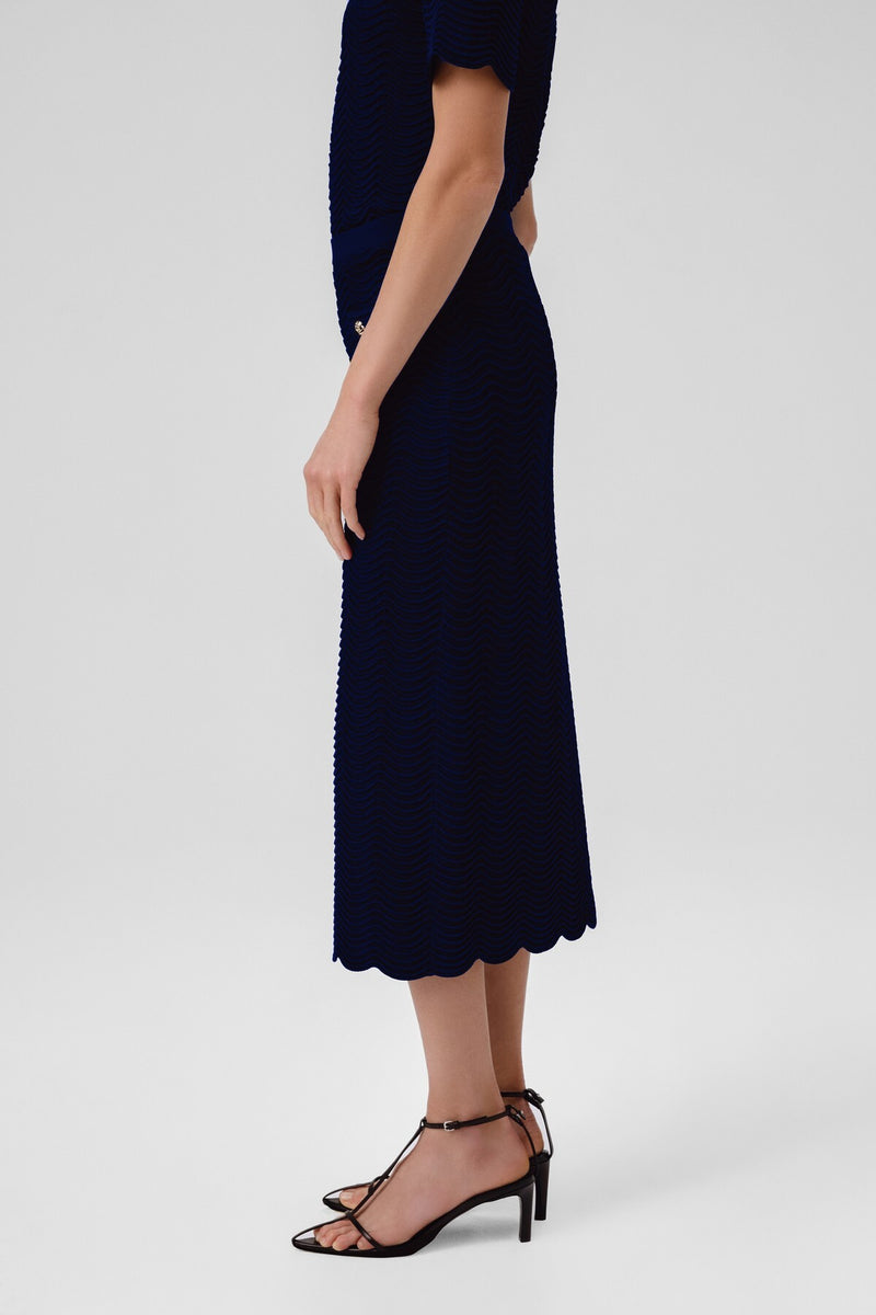 Navy Blue Wavy Pattern Buttoned Midi Skirt
