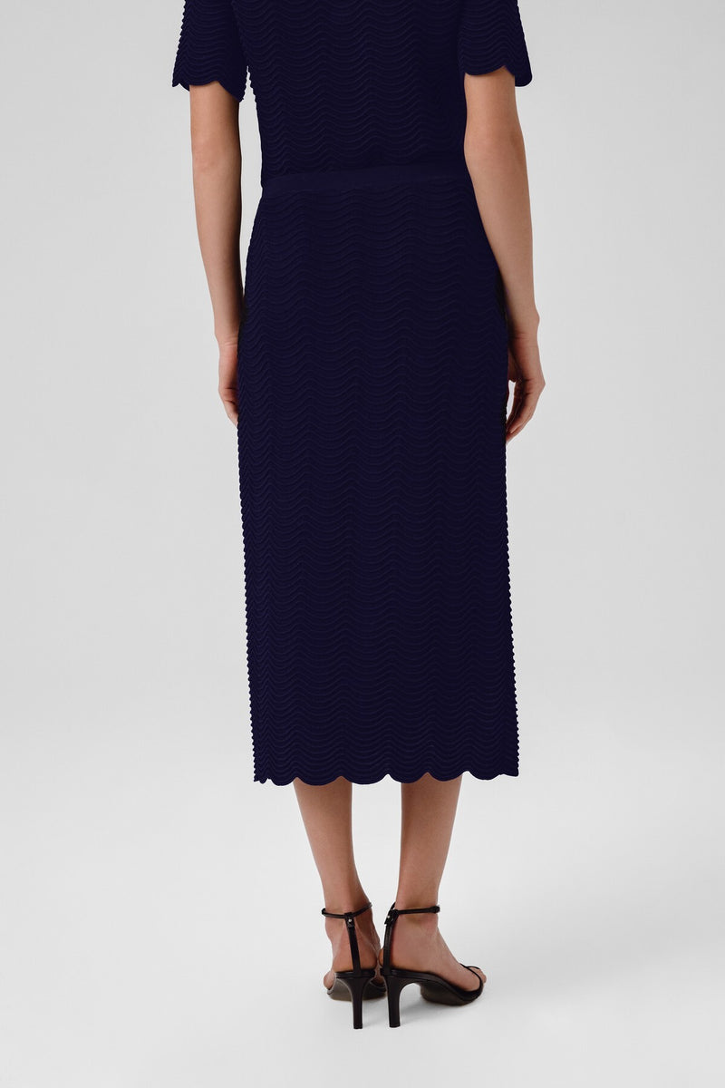 Navy Blue Wavy Pattern Buttoned Midi Skirt