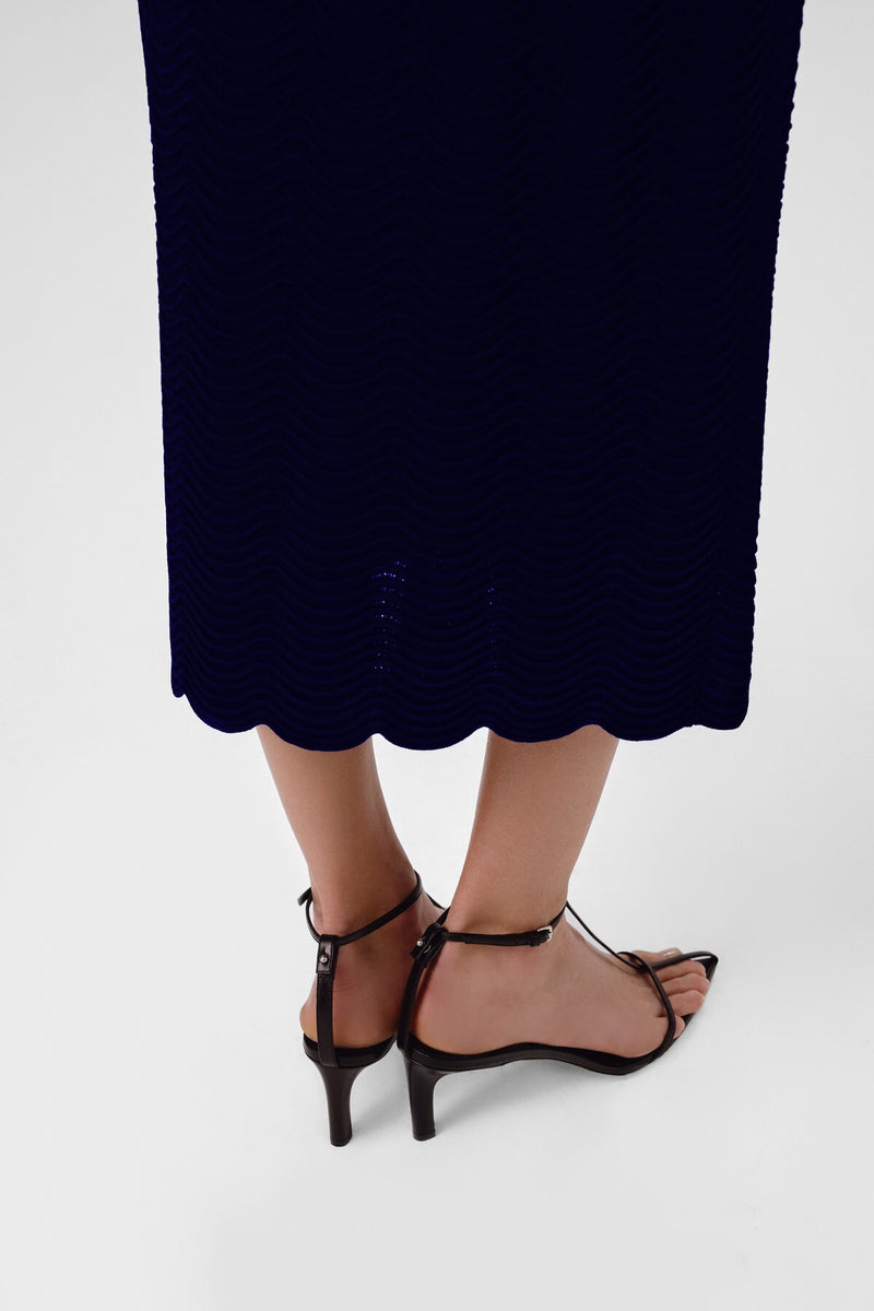 Navy Blue Wavy Pattern Buttoned Midi Skirt