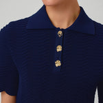 Navy Blue Wave Pattern Short Sleeve Blouse