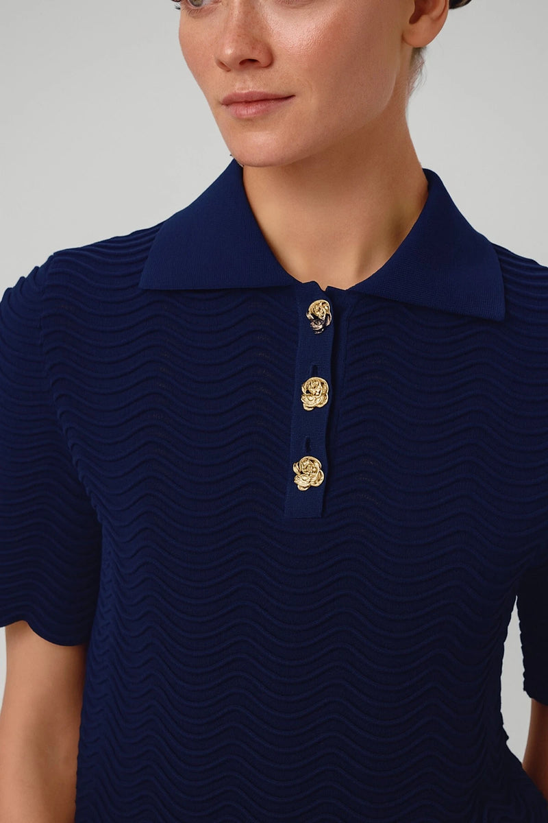 Navy Blue Wave Pattern Short Sleeve Blouse