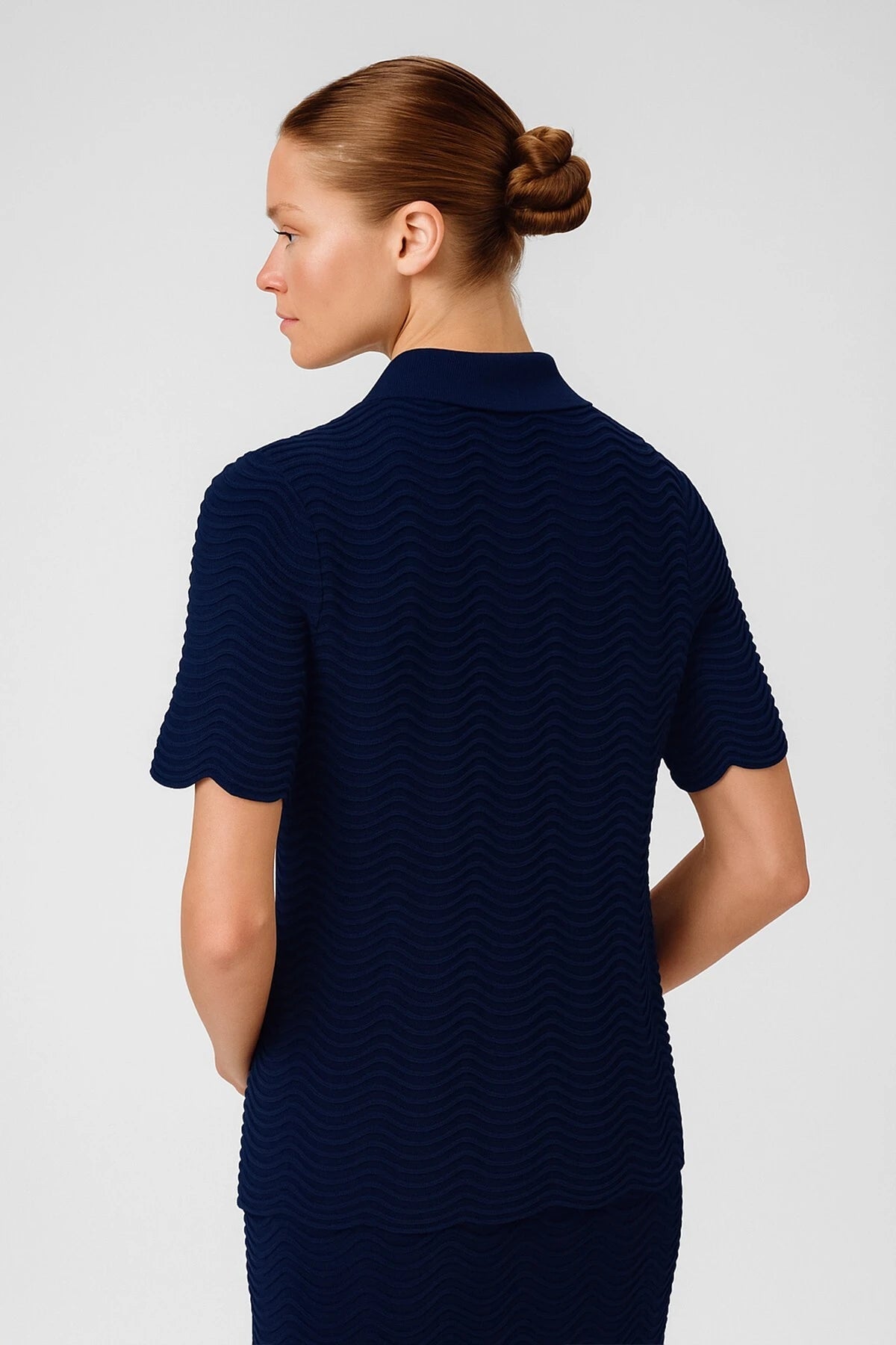 Navy Blue Wave Pattern Short Sleeve Blouse
