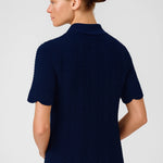 Navy Blue Wave Pattern Short Sleeve Blouse