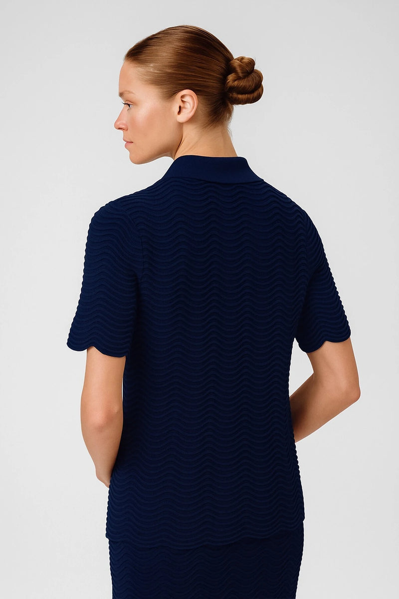 Navy Blue Wave Pattern Short Sleeve Blouse