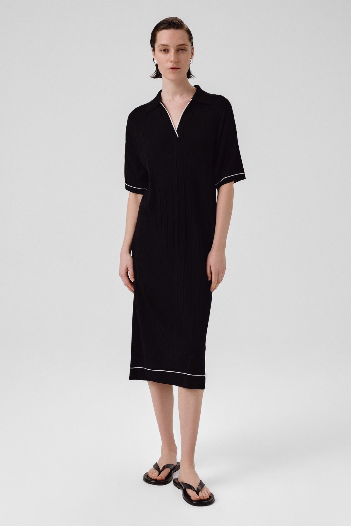 Navy Blue Shirt Collar Ribbed Dress