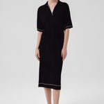 Navy Blue Shirt Collar Ribbed Dress