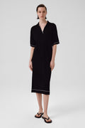 Navy Blue Shirt Collar Ribbed Dress