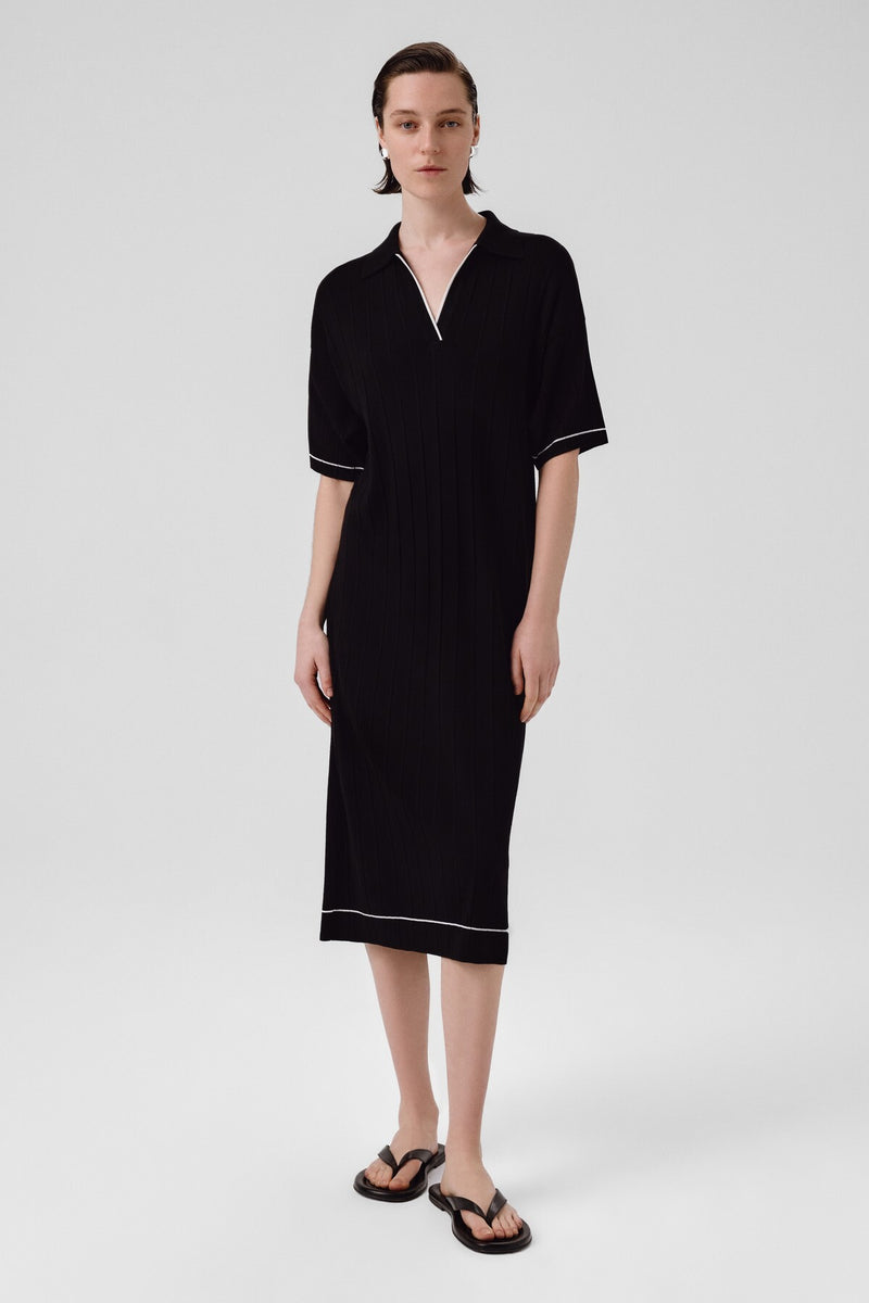 Navy Blue Shirt Collar Ribbed Dress