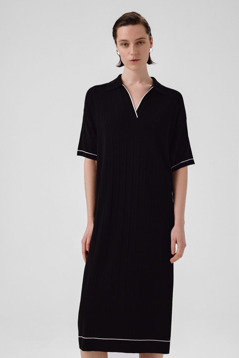 Navy Blue Shirt Collar Ribbed Dress