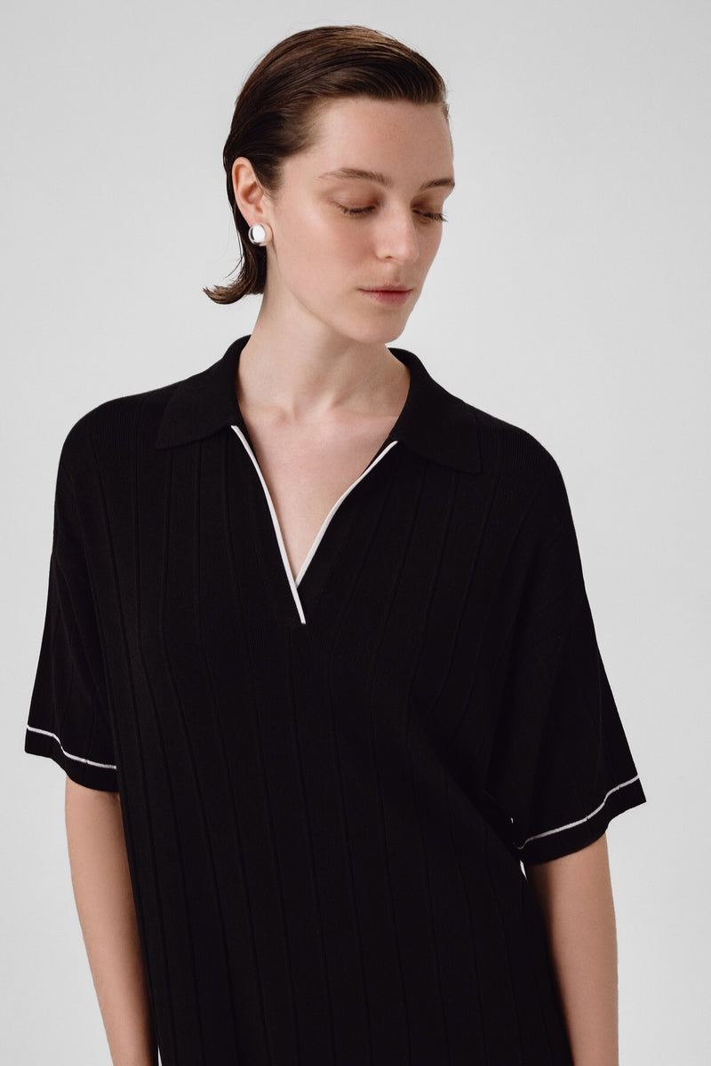 Navy Blue Shirt Collar Ribbed Dress