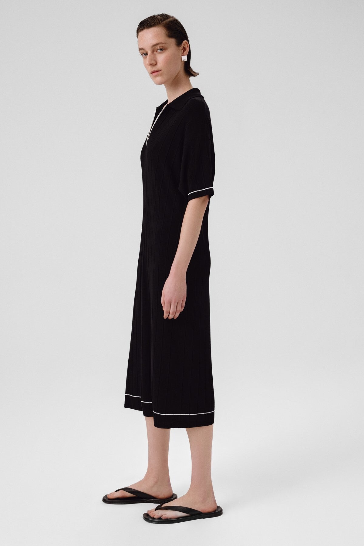 Navy Blue Shirt Collar Ribbed Dress