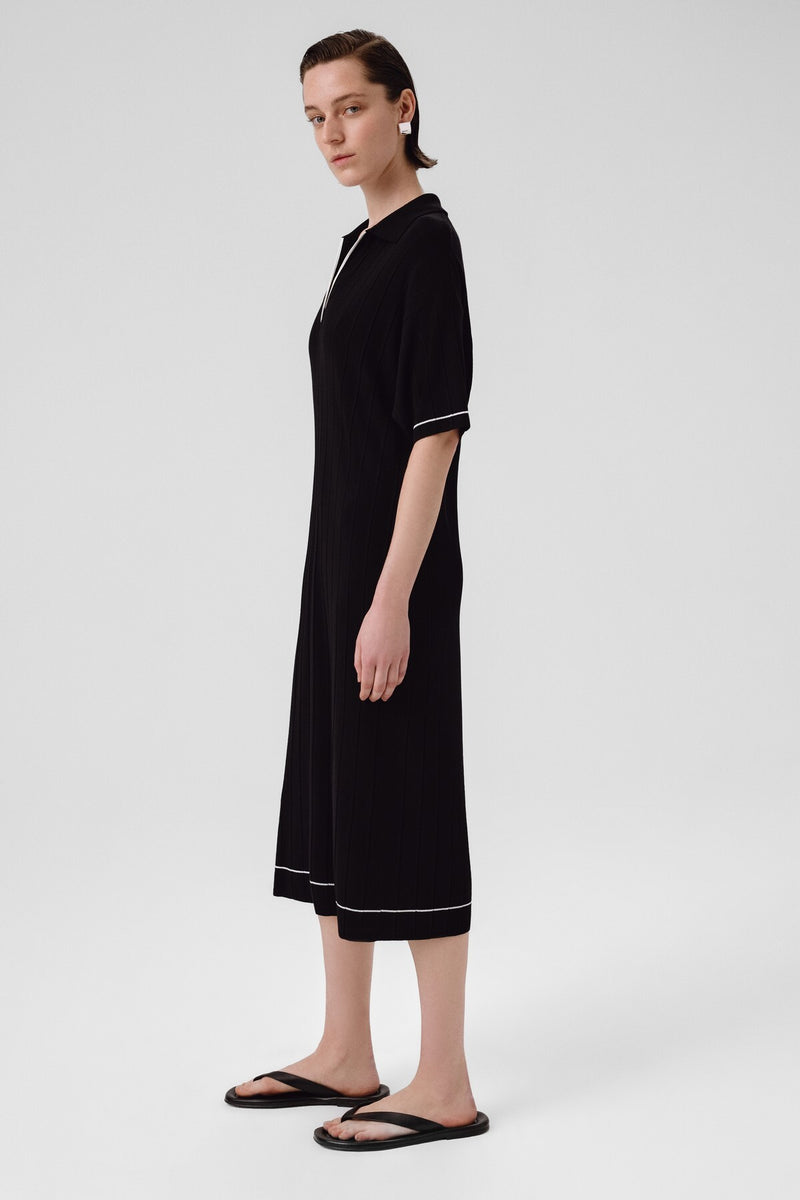 Navy Blue Shirt Collar Ribbed Dress