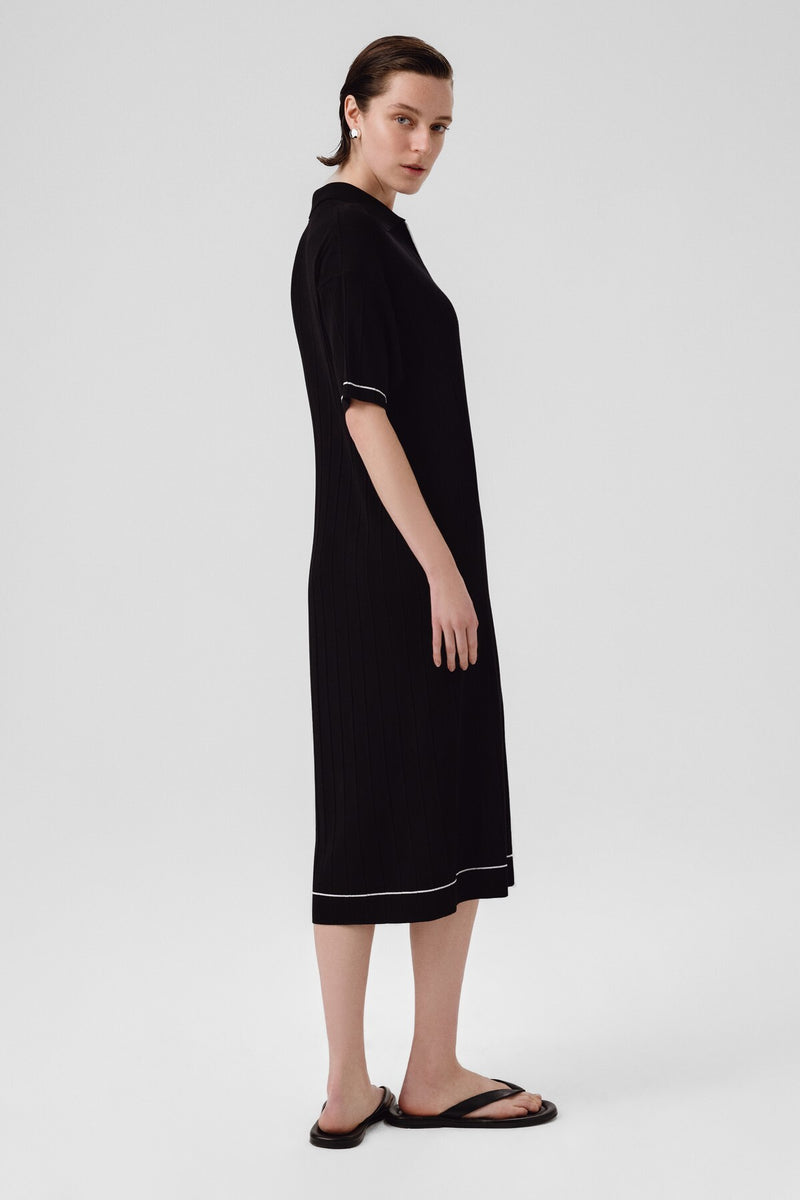 Navy Blue Shirt Collar Ribbed Dress