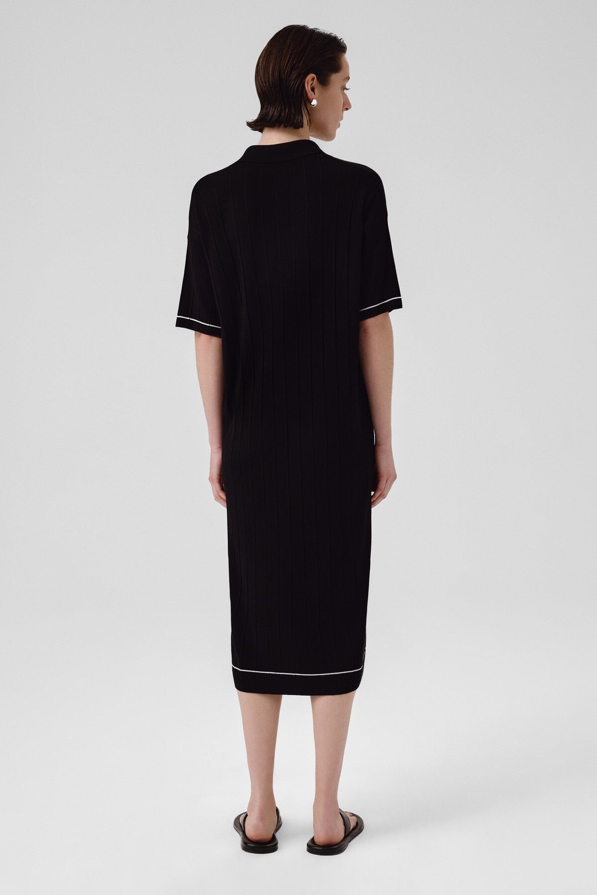 Navy Blue Shirt Collar Ribbed Dress