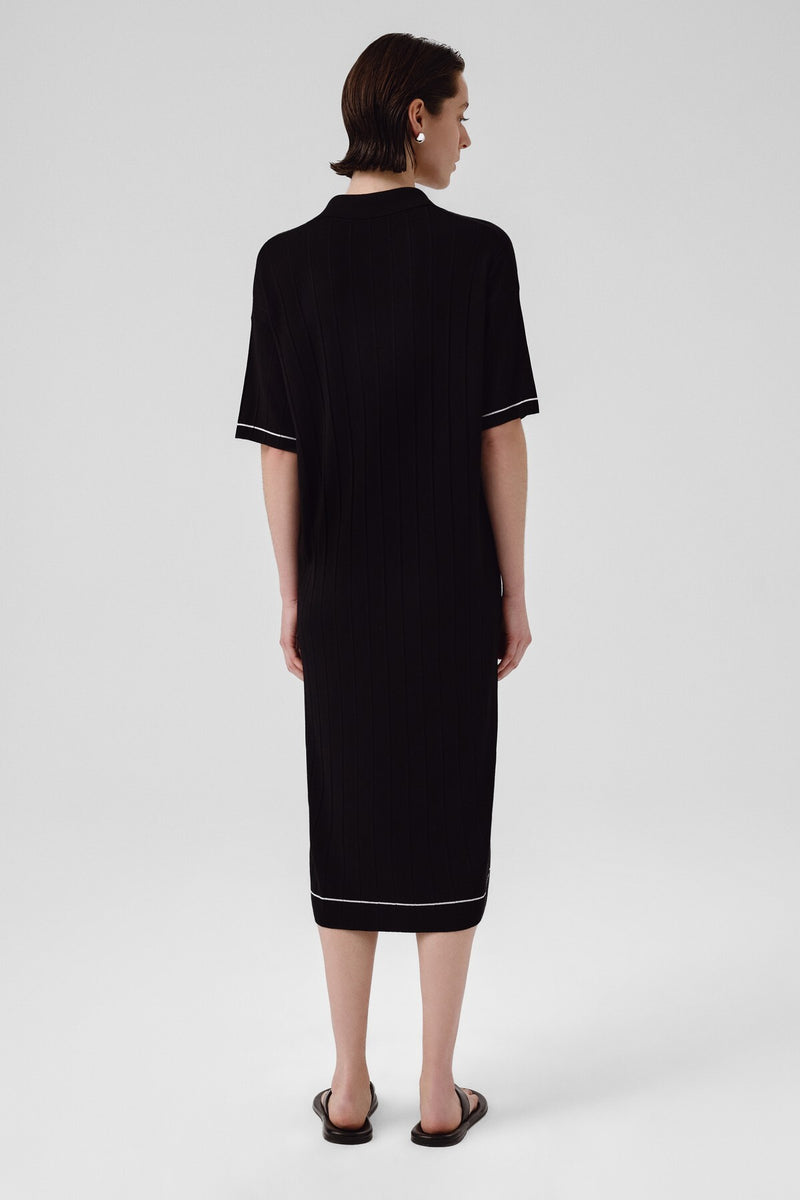 Navy Blue Shirt Collar Ribbed Dress