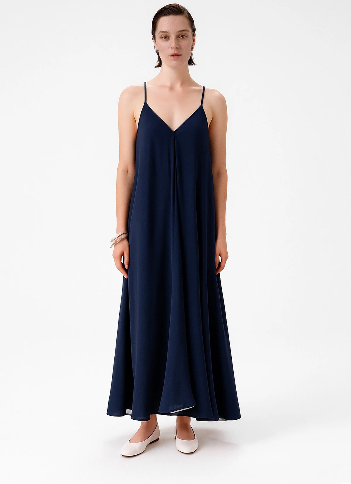 Navy Blue Thin-Strap V-Neck Long Dress