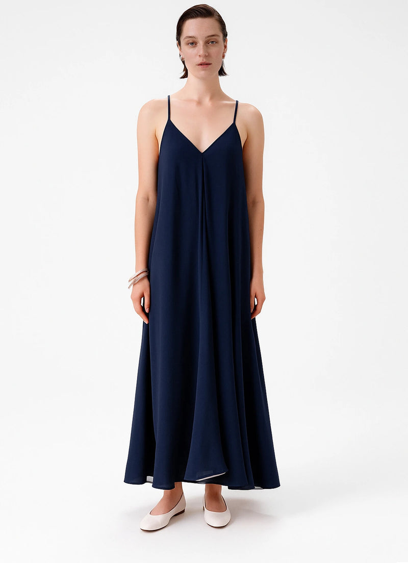 Navy Blue Thin-Strap V-Neck Long Dress