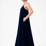 Navy Blue Thin-Strap V-Neck Long Dress