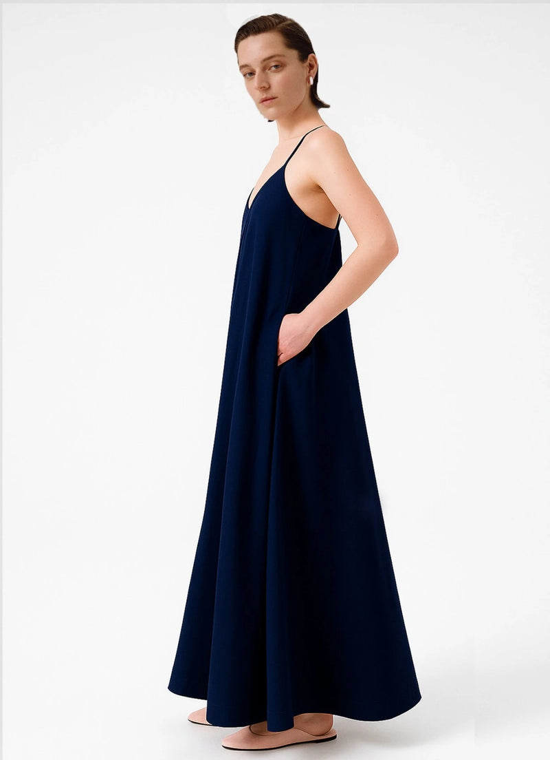 Navy Blue Thin-Strap V-Neck Long Dress