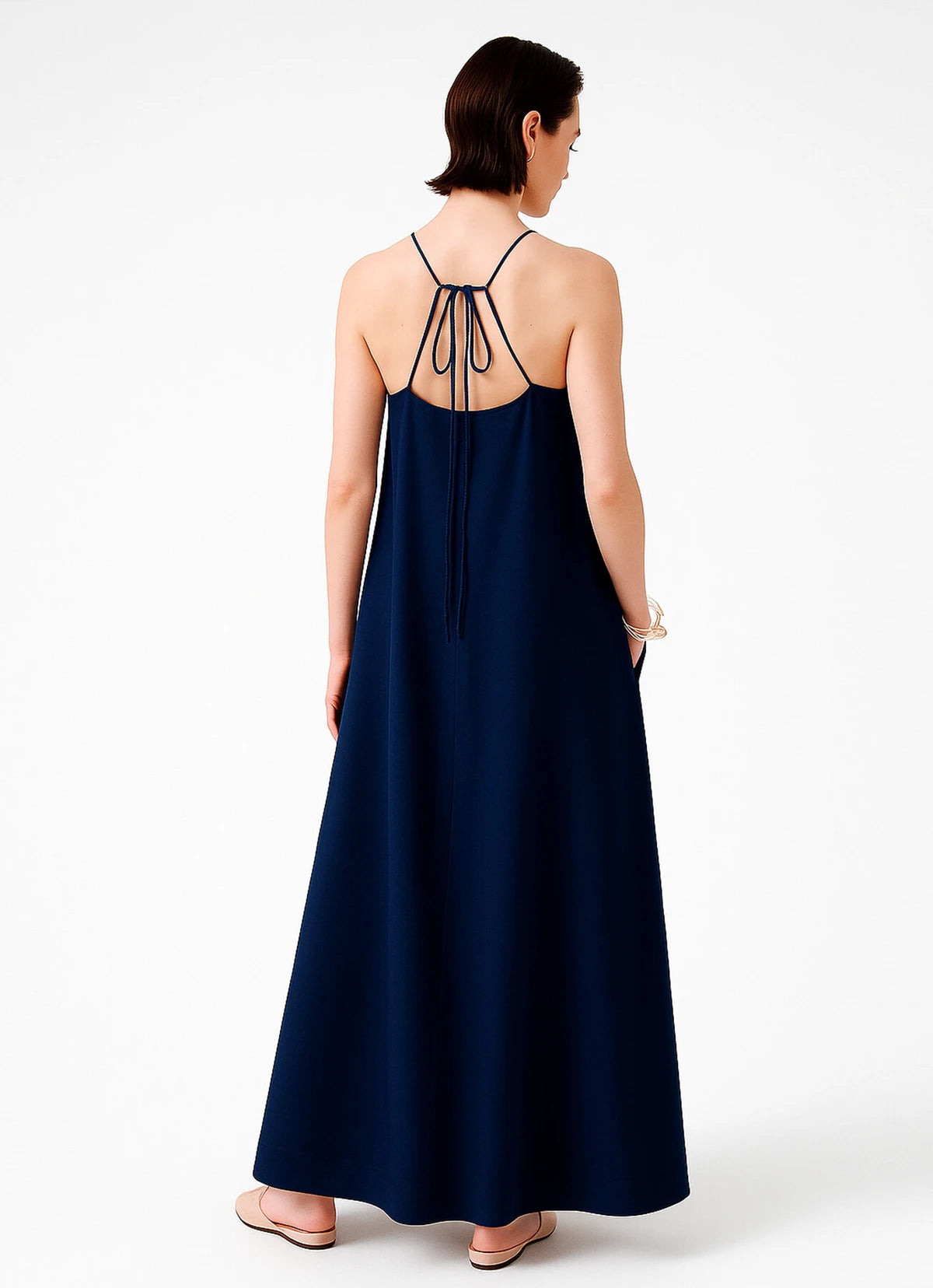 Navy Blue Thin-Strap V-Neck Long Dress