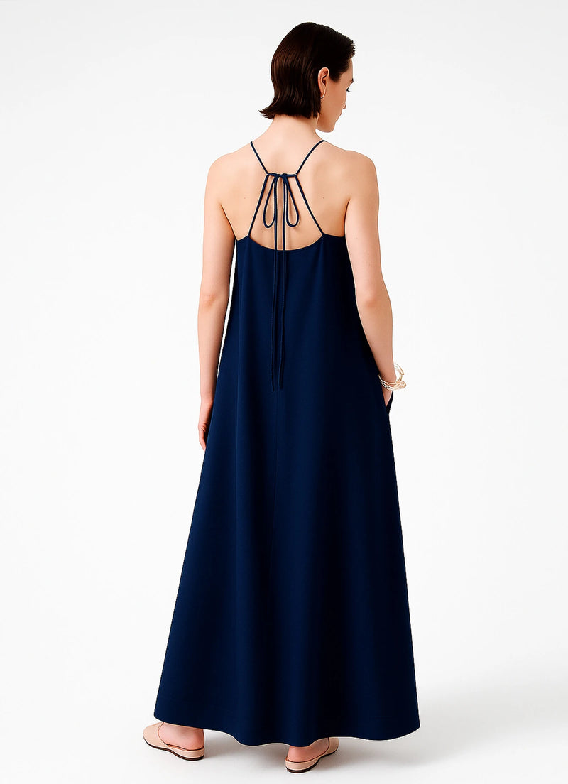 Navy Blue Thin-Strap V-Neck Long Dress