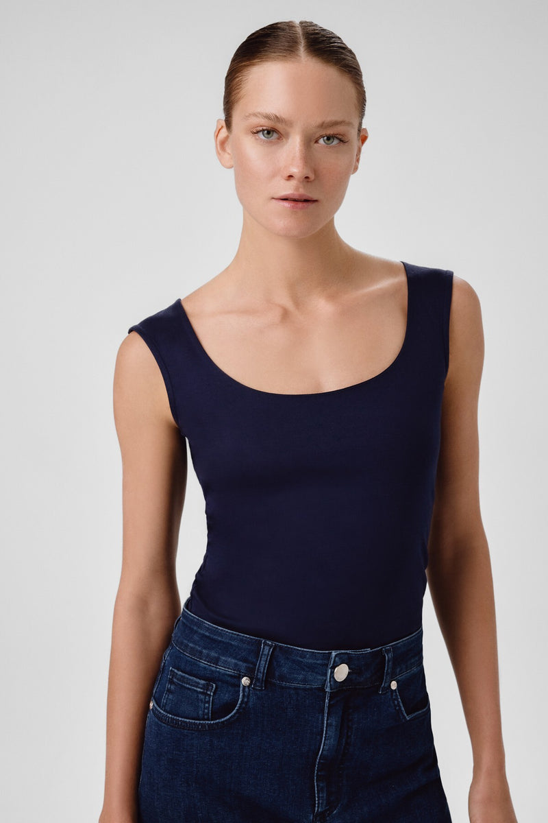 Navy Blue Oval Neck Sleeveless Blouse