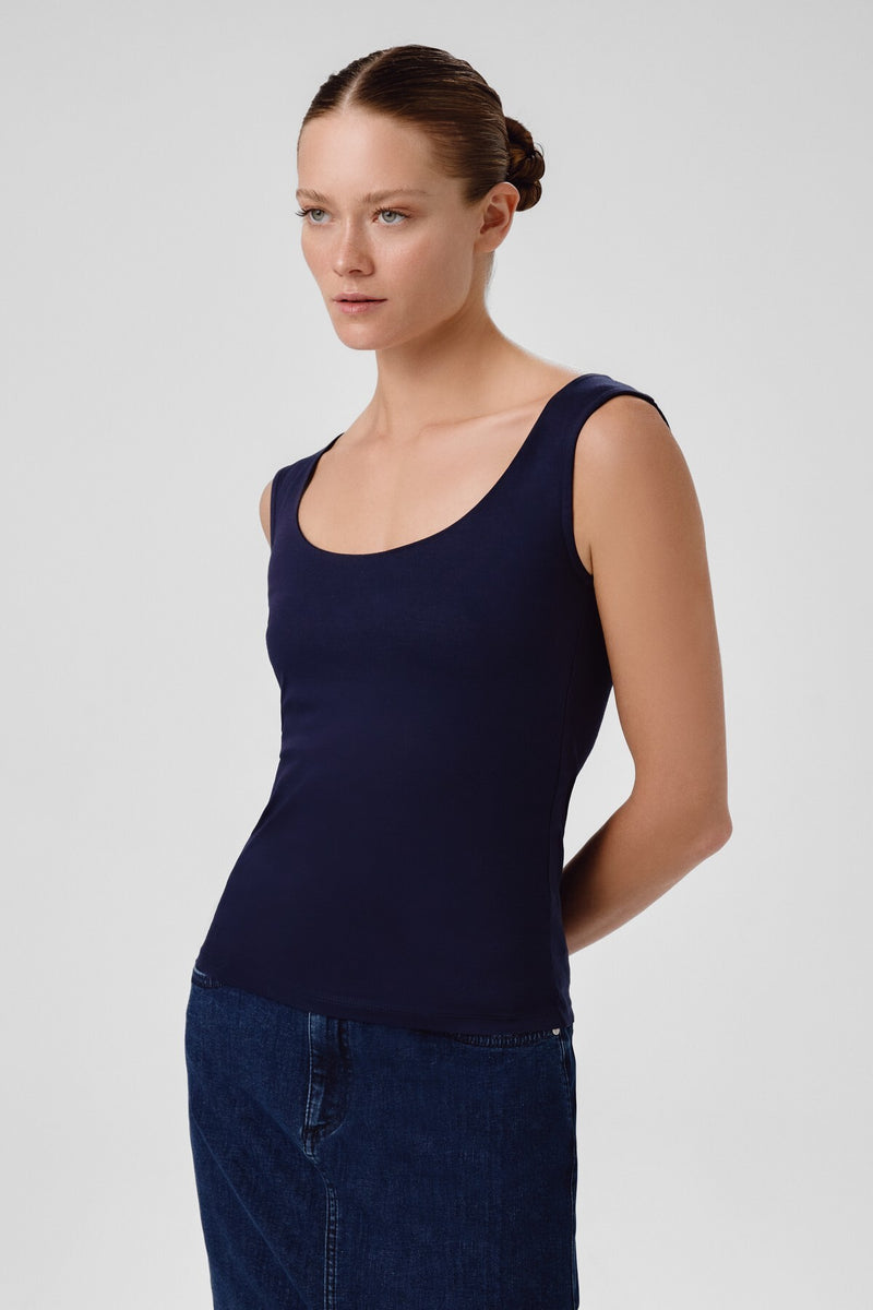 Navy Blue Oval Neck Sleeveless Blouse