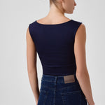 Navy Blue Oval Neck Sleeveless Blouse