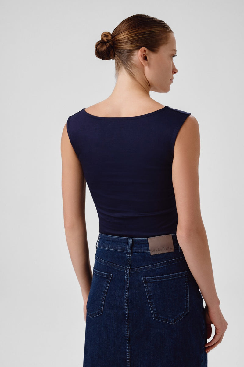 Navy Blue Oval Neck Sleeveless Blouse